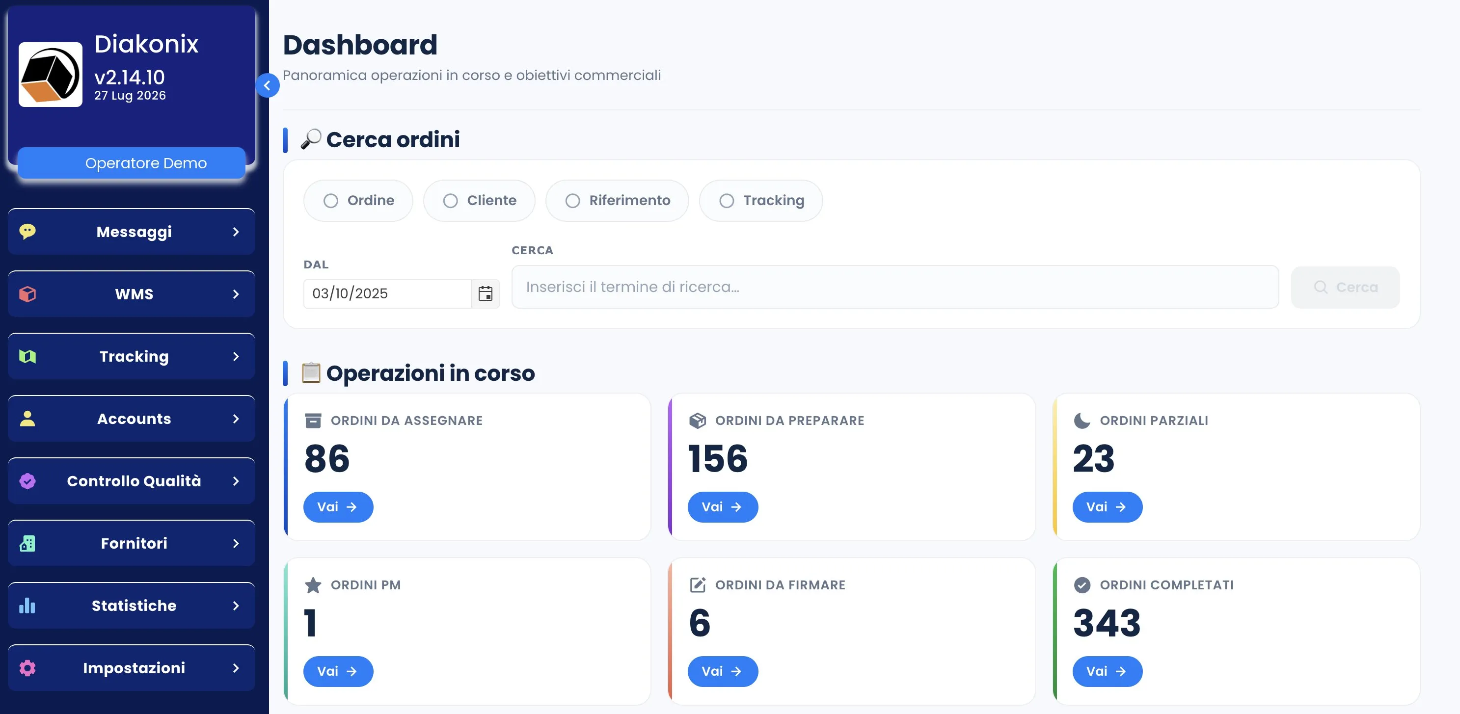 Schermata della web app Diakonix, Dashboard: ricerca degli ordini per numero, cliente, riferimento o tracking e riquadri con gli ordini da assegnare, da preparare, parziali, PM, da firmare e completati.