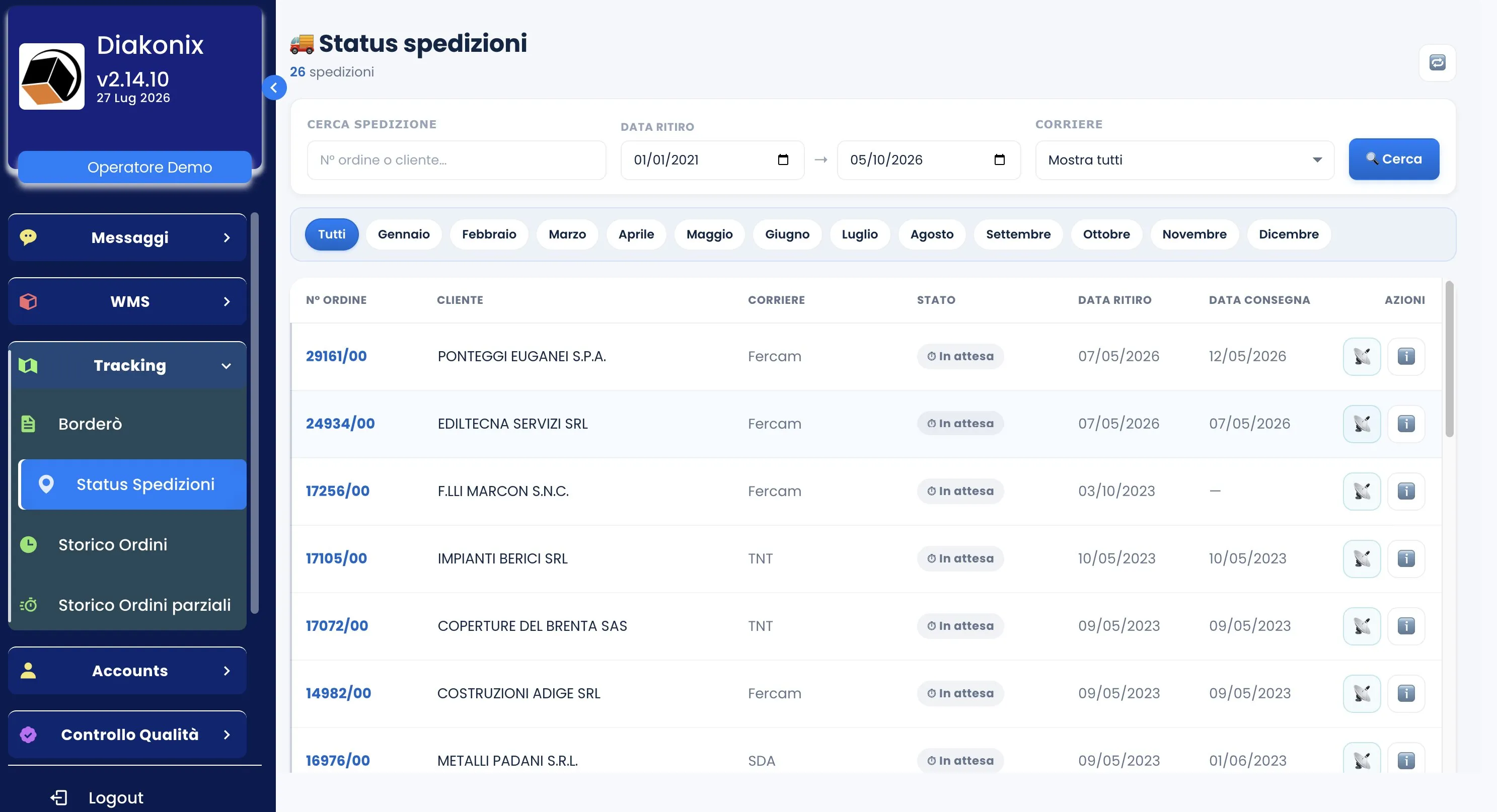 Schermata della web app Diakonix, sezione Status spedizioni: elenco delle spedizioni con numero d’ordine, cliente, corriere, stato, data di ritiro e di consegna.